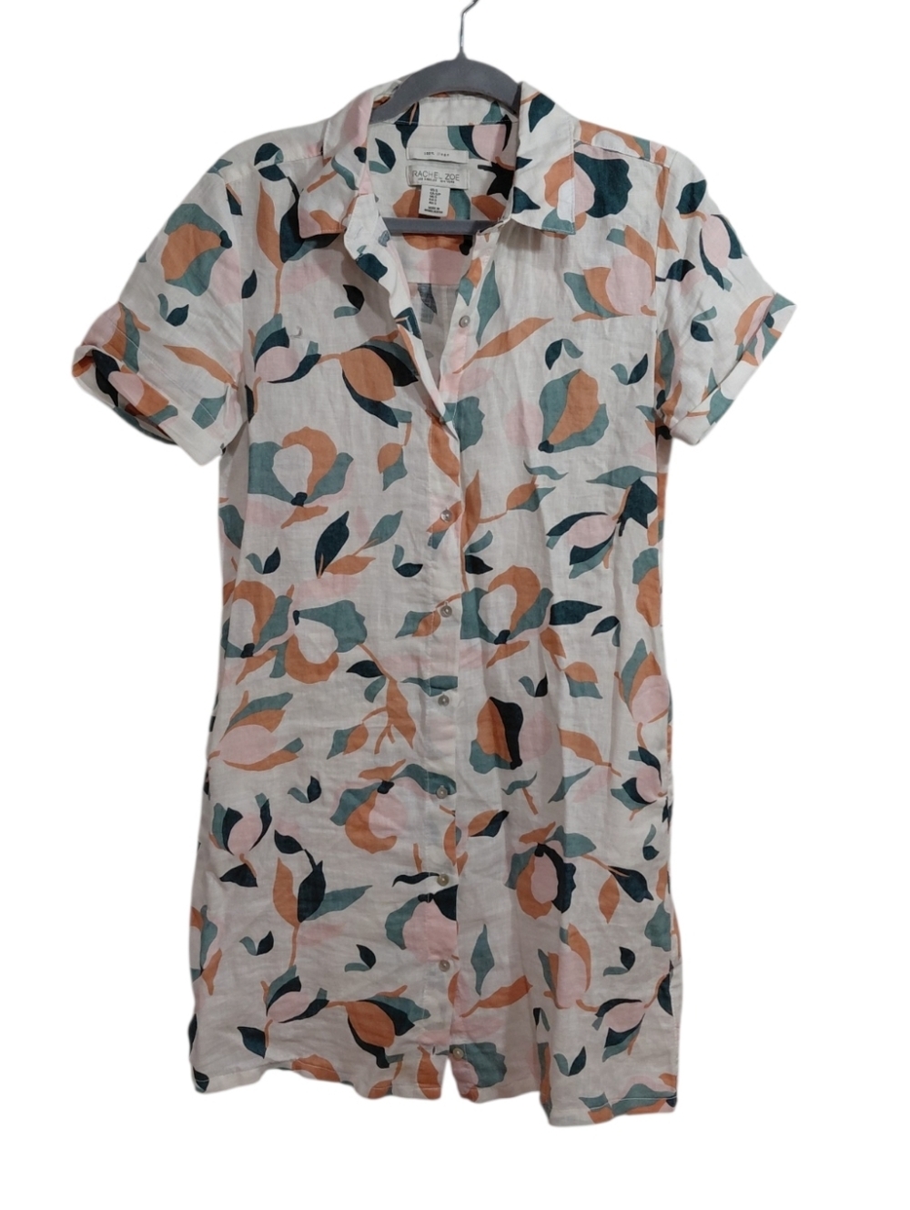 Rachel Zoe Linen White Mini Dress with Peach and Teal Leaf Print